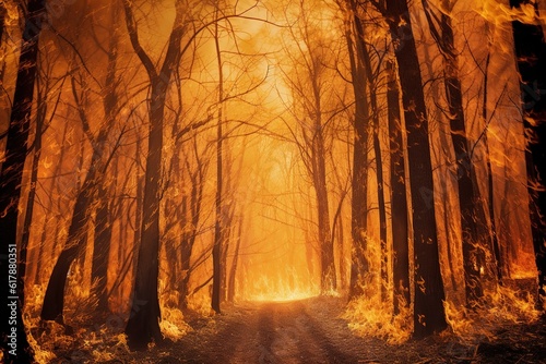Wildfire burns trees and ground in forest. Generative ai image.