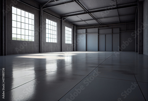 Photorealistic interior of a large empty industrial warehouse or hangar with a concrete floor. AI generative.