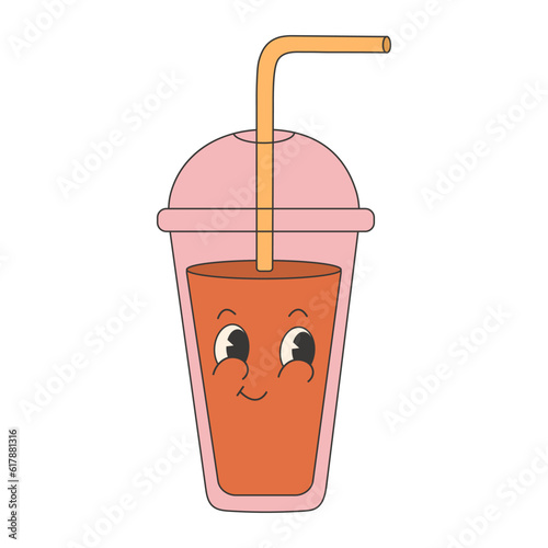 Trendy groovy soda drink sticker. Retro vintage vector sticker with cute and funny character.