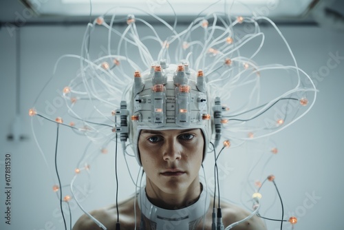 Brain Monitoring in a Futuristic Sci-Fi Lab, Illustrating  Advanced Brain-Computer Interfaces