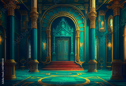Photorealistic interior of a castle or palace decorated with green malachite ornamental stone and gold. AI generative.