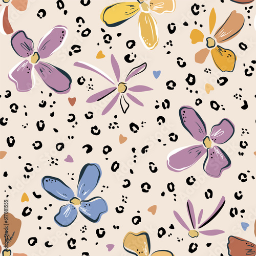 Botanical abstract flowers and leopard skin patches. Hand drawn seamless pattern summer floral background. Sketchy drawing of black and white outlines strokes.