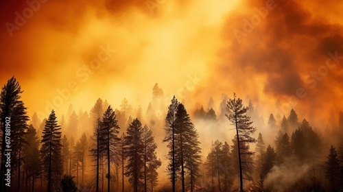 Wildfire burns trees and ground in forest. Generative ai image.