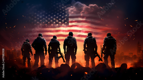 group of patriotic soldiers at sunset with american flag photo