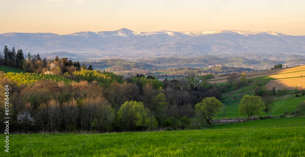 amazing spring landscape of karkonosze mountains and green hills in Poland during sunrise