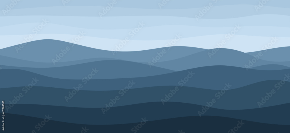 Blue mountain vector background. Horizontal landscape with silhouettes mountain, hills and blue sky. Panoramic view of nature. Vector illustration for banner, poster and backdrop.