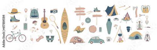 Set of doodle forest camping design elements. Hand drawn hiking and camping doodles perfect for summer camp flyers and posters.
