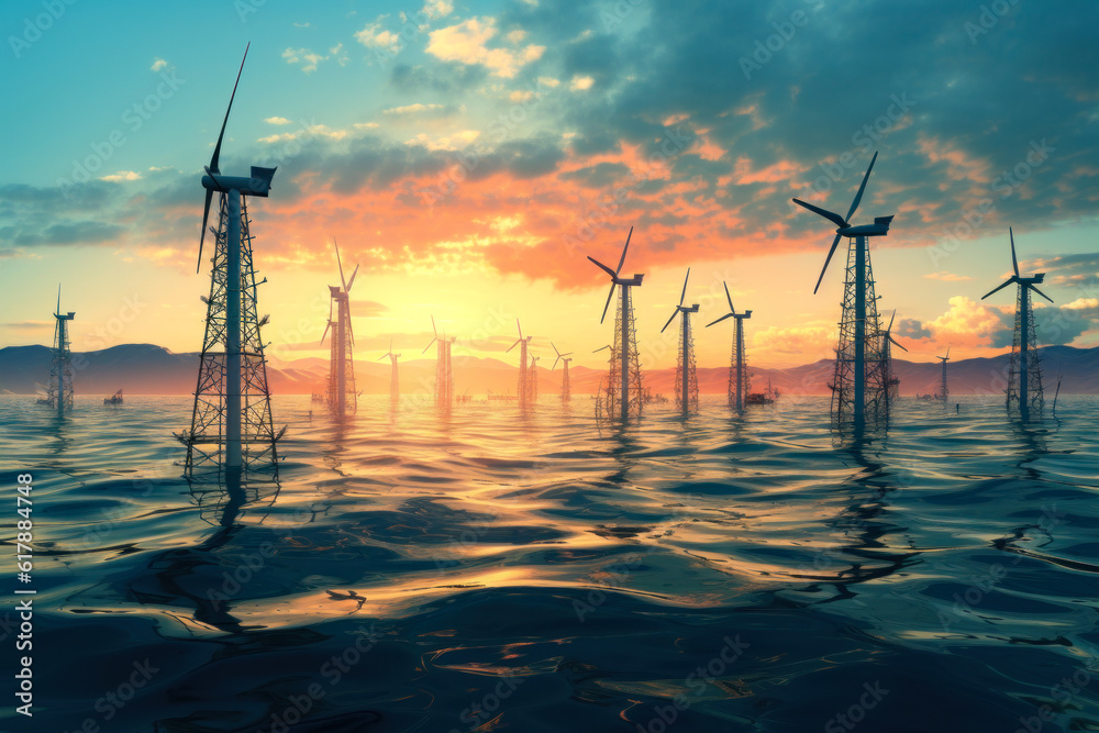 wind power sources stand in the sea against the backdrop of sunset