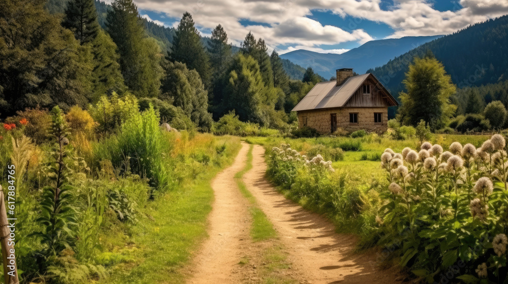 Gravel road leading to a house in the mountains. Generative AI Gravel road leading to a house in the mountains. Generative AI