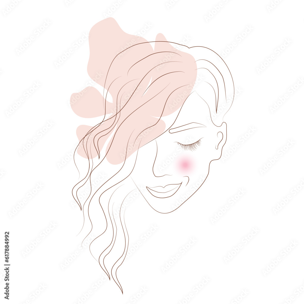 Female smiling beautiful face, with a flower in the background, contour drawing, hand drawing. For your decor, logo, poster, web or social network Female smiling beautiful face, with a flower in the background, contour drawing, hand drawing. For your decor, logo, poster, web or social network
