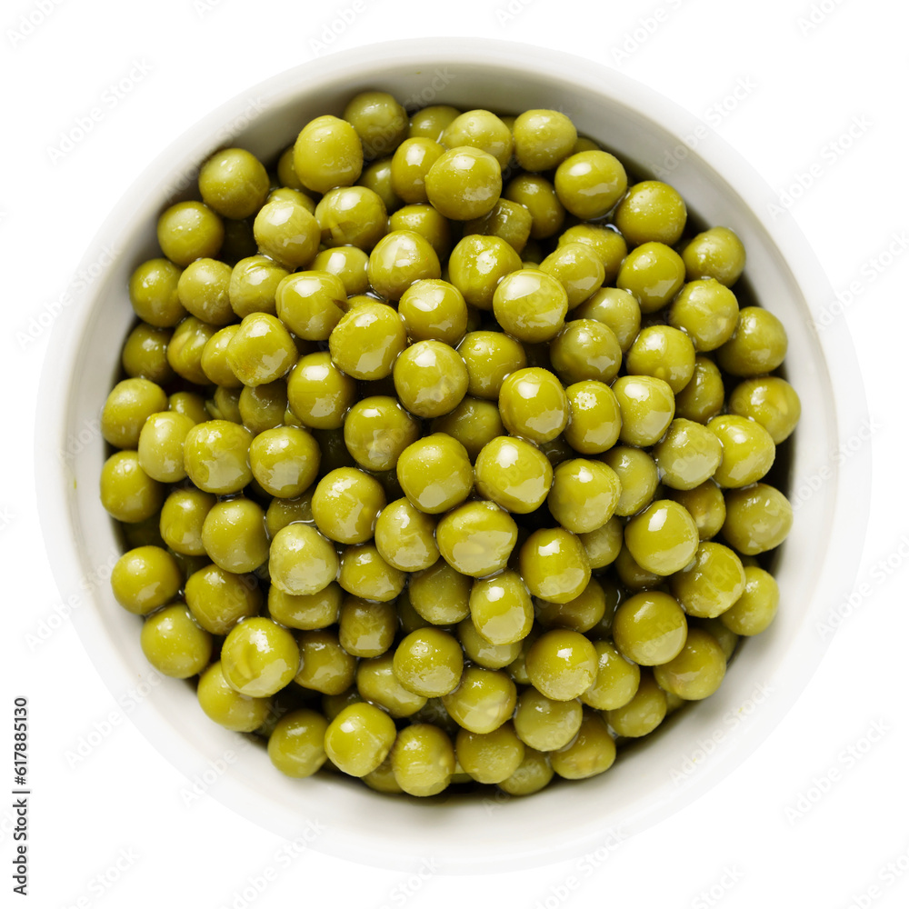 Green canned peas in bowl isolated on white background, top view Green canned peas in bowl isolated on white background, top view