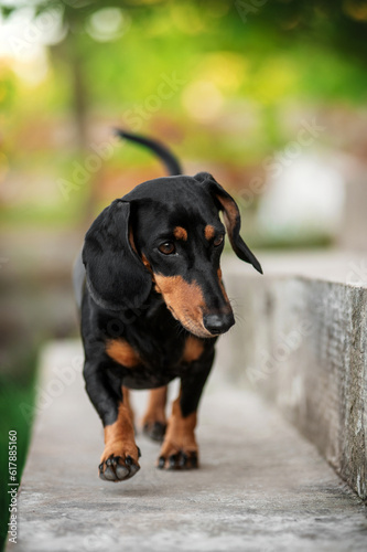 Dachshund dog beautiful pet portrait on a green spring bokeh background