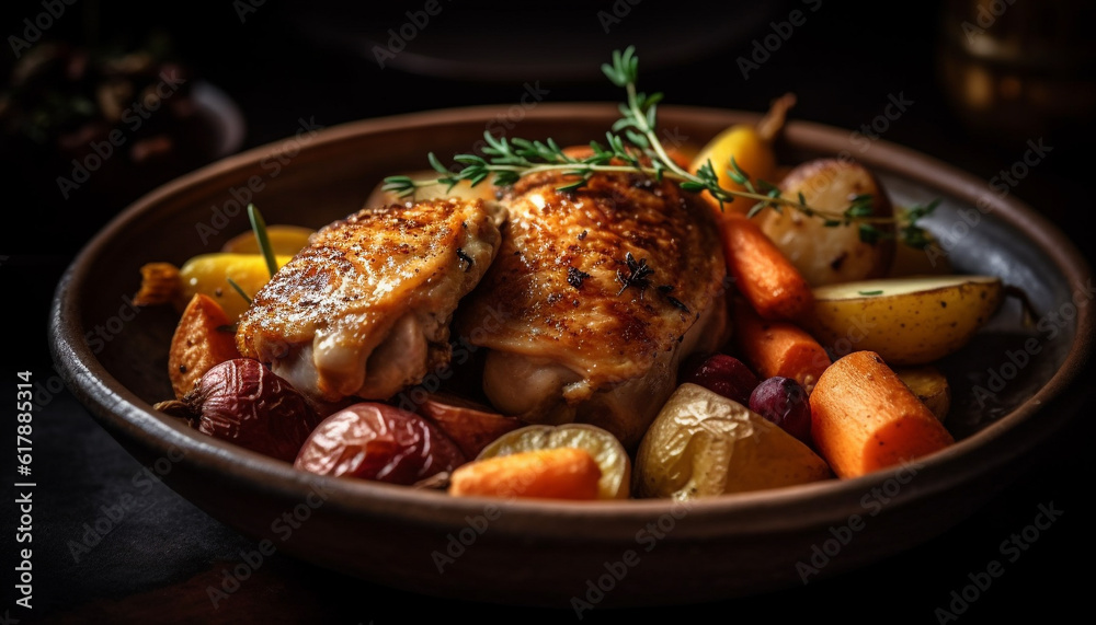Grilled chicken and vegetables on a rustic wooden plate generated by AI Grilled chicken and vegetables on a rustic wooden plate generated by AI