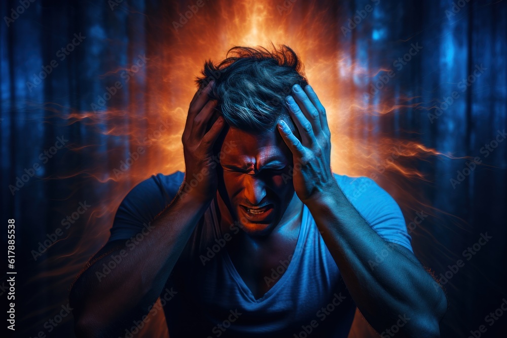 man with severe headache migraine concept of opioid  Withdrawal symptoms - obrazy, fototapety, plakaty 
