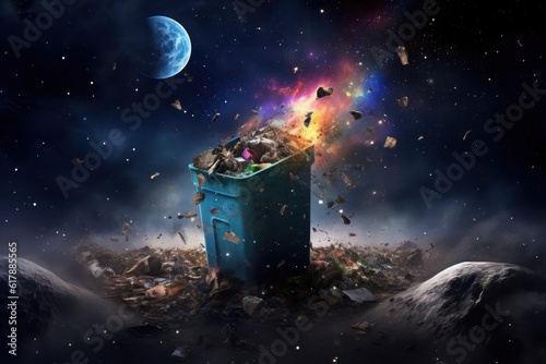 trash bin in the space Earth in the background concept of Space debris removal photo