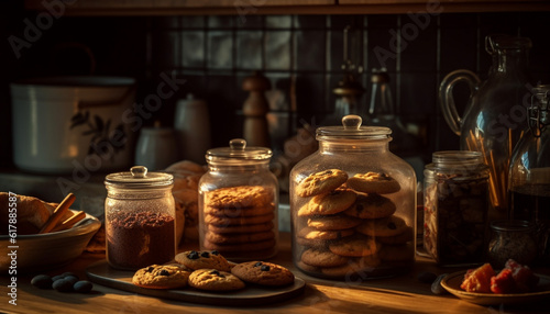 Homemade chocolate chip cookies on rustic wooden table indoors generated by AI