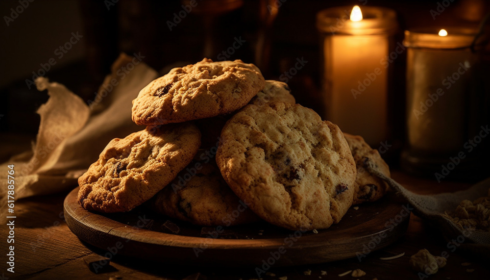 Homemade chocolate chip cookies stacked on rustic wooden table generated by AI