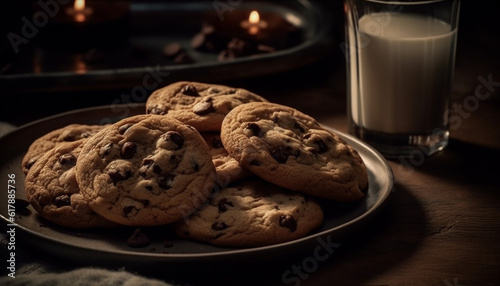 Homemade chocolate chip cookies on rustic plate  with milk refreshment generated by AI