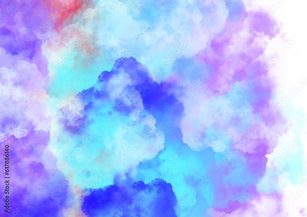 abstract watercolor background of clouds in bright blue and pink colours fading into transparency