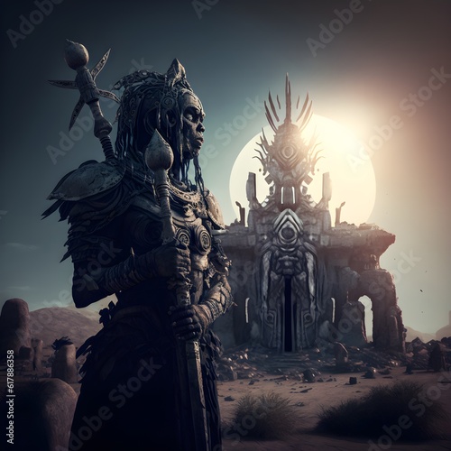 witch doctor in a futuristic wasteland surrounded by the ganjaman statues and a old church with the sun rising in the back spiritual looking darksharp detailed magic futuristic power intricate 