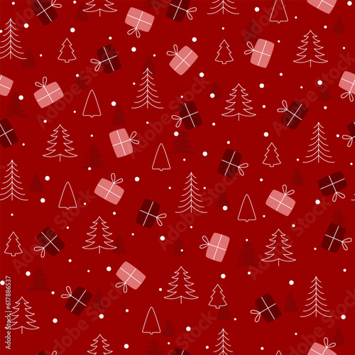 Christmas tree seamless pattern. Christmas tree,  gifts and snow.