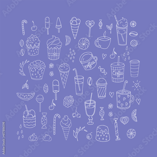 Vector illustration with sweets, ice-cream, cakes. Sets of kitchen utensils. Doodle style.