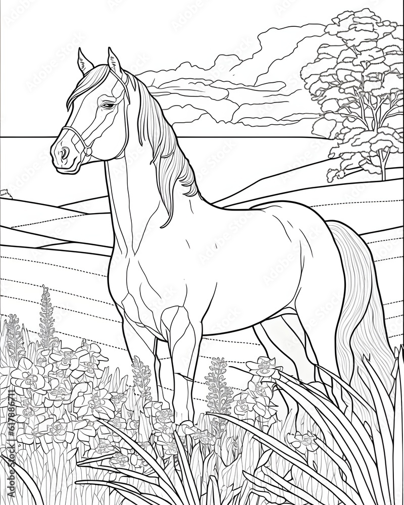 simple monochrome lineart vector outline of a Horse in a field barbie style in cartoon coloring page style shading gradient hatching stippling grey complex details text black fill grey fill shadow 