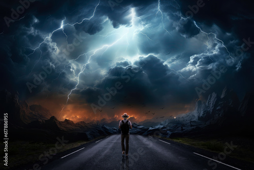 Canvas Print Backpacker on the road watches a storm of epic proportions
