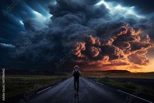 Backpacker on the road watches a storm of epic proportions. AI generative