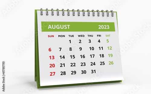 Standing Desk Calendar August 2023. Business monthly calendar with metal spiral-bound, the week starts on Sunday. Monthly Pages on a white base and green title, isolated on white background, 3d render