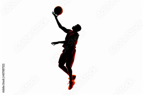 silhouette of a person doing a lay up shot , basketball player