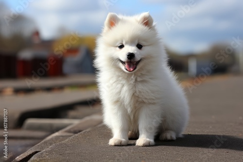 portrait of a cute happy white fluffy puppy on the sidewalk photo