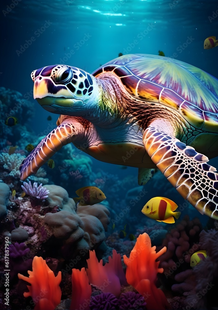 A green turtle swimming next to some colored coral A green turtle swimming next to some colored coral