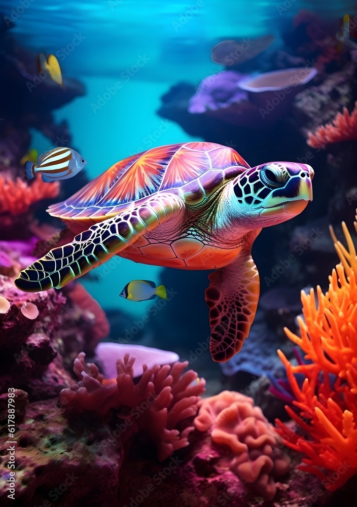 A green turtle swimming next to some colored coral A green turtle swimming next to some colored coral
