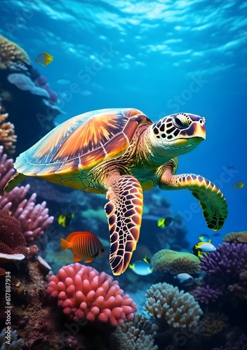 A green turtle swimming next to some colored coral