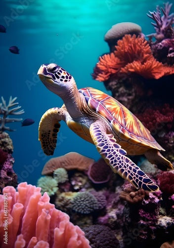 A green turtle swimming next to some colored coral © Rafael