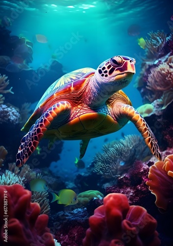 A green turtle swimming next to some colored coral