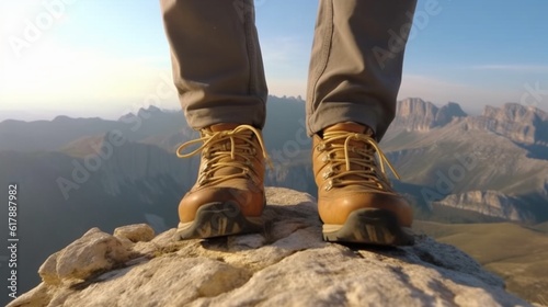 Hiking boot. Male legs with shoes on mountain peak during trekking outdoors generative ai © Rinku