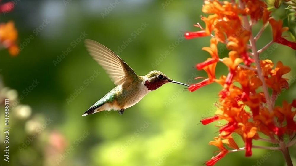 Naklejka premium Hummingbird hovering next to blooming flowers. Beautiful hummingbird sucking nectar in flight generative ai