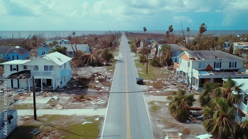 Hurricane, Florida after the hurricane. Broken houses, broken trees generative ai