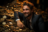 happy businessman swimming in digital coins. A happy businessman in a pile of golden bitcoin. Generative AI