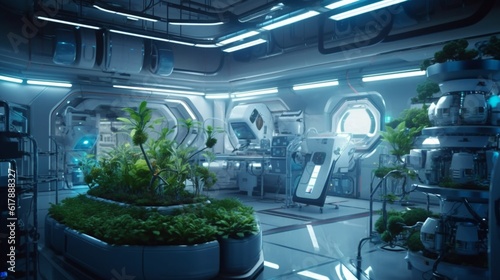 Fototapeta Naklejka Na Ścianę i Meble -  Hydroponics Lab room on spacecraft with robots taking care generative ai