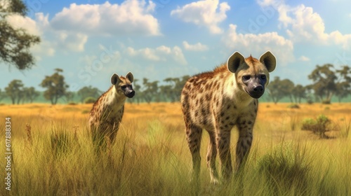 Hyenas in the meadow, on a transparent background generative ai