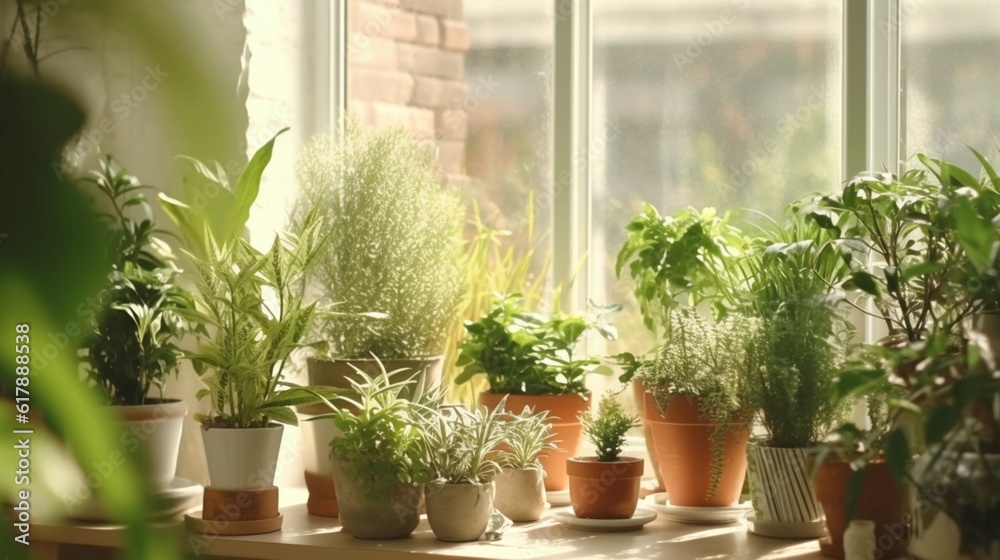 Indoor garden on the windowsill. Home gardening concept. Green home houseplants in real room interior generative ai