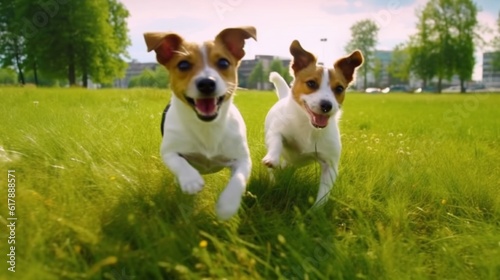 Jack russell dogs playing on grass meadow. Puppy and adult dog outside in the park, summer generative ai
