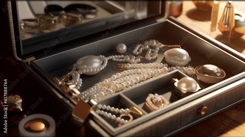 Jewelry box with white gold and silver rings, earrings and pendants with pearls. Collection of luxury jewelry generative ai Jewelry box with white gold and silver rings, earrings and pendants with pearls. Collection of luxury jewelry generative ai