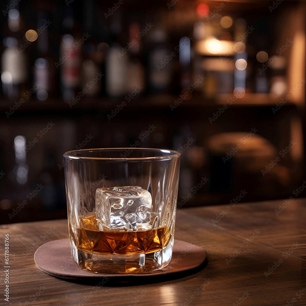 glass of whiskey on brown wooden table in bar 