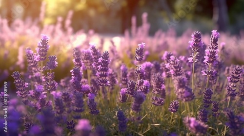 Lavender flowers, soft focus. Field of lavender, Lavandula angustifolia, Lavandula officinalis. Aromatherapy, nature cosmetics, ingredients and herbs for eco products generative ai