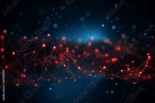 blue and red technical abstract background with an interconnected network grid of particles and data points