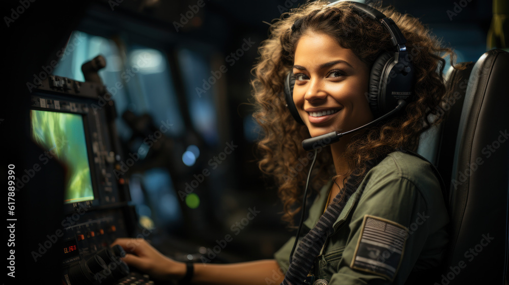 Young woman pilot giving a thumbs up in a cockpit. Generative AI Young woman pilot giving a thumbs up in a cockpit. Generative AI